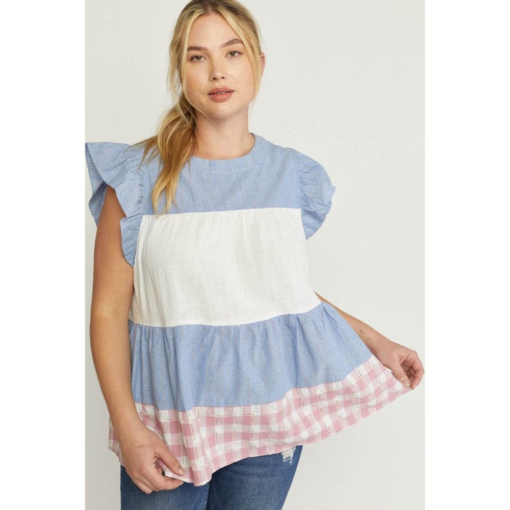 entro Mixed Print Tiered Top, Blue - Picture 2 of 7